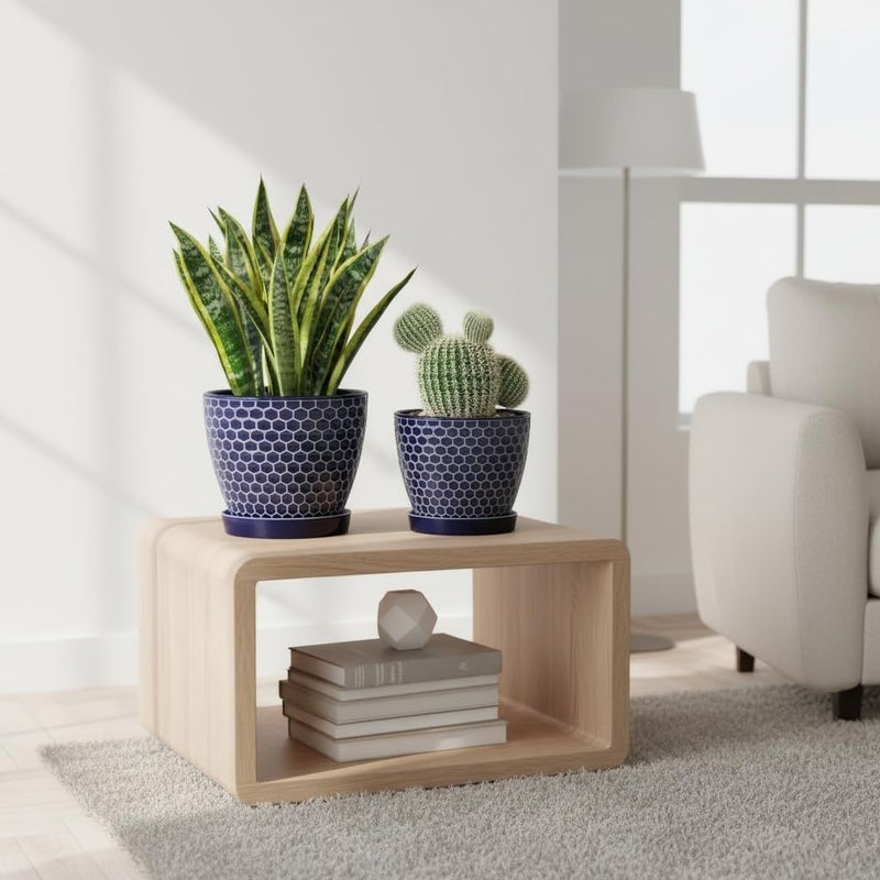 Docrin Store Blue Honeycomb Ceramic Plant Pot Set - 6.6"+5.5" Inch, Modern Decorative Planters with Drainage Holes & Saucers for Indoor/Outdoor Home Office - Image 4